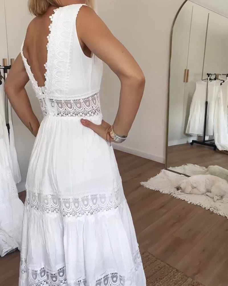 Aurélie™ | Elegant Open-Back V-Neck Midi Dress