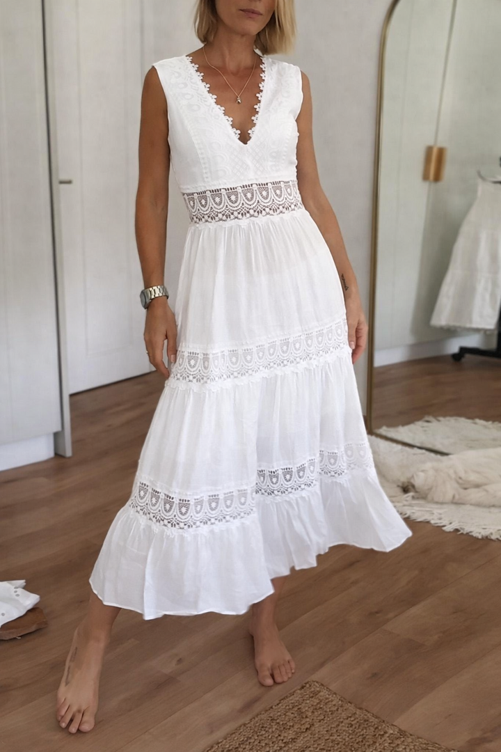 Aurélie™ | Elegant Open-Back V-Neck Midi Dress