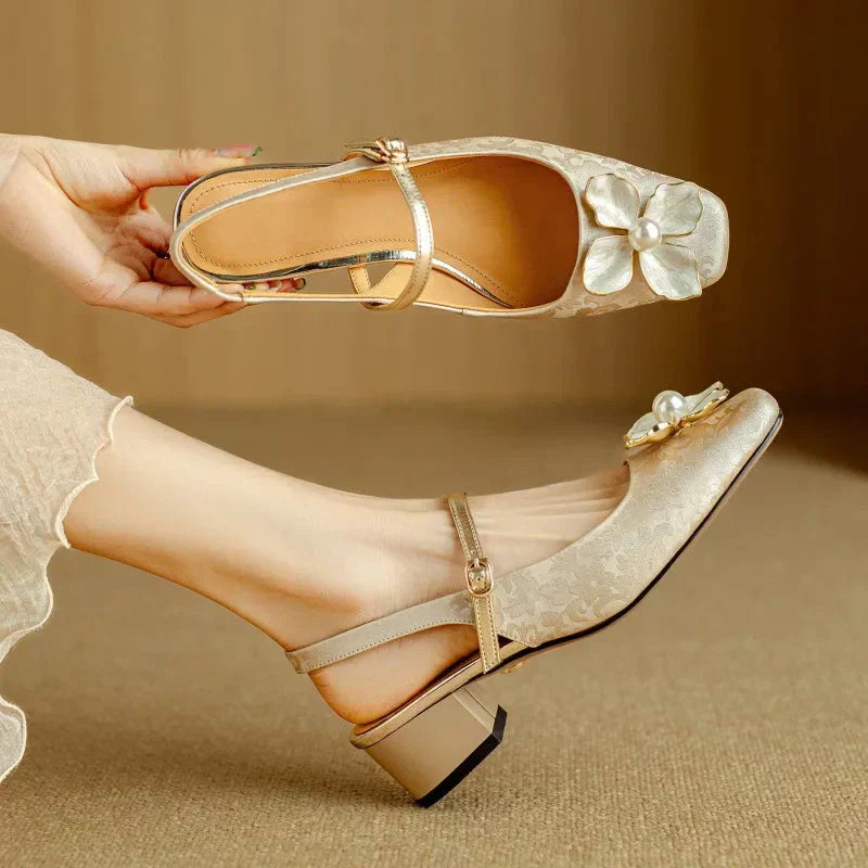 Evangeline™ | Floral Slingback Block Heel Pumps